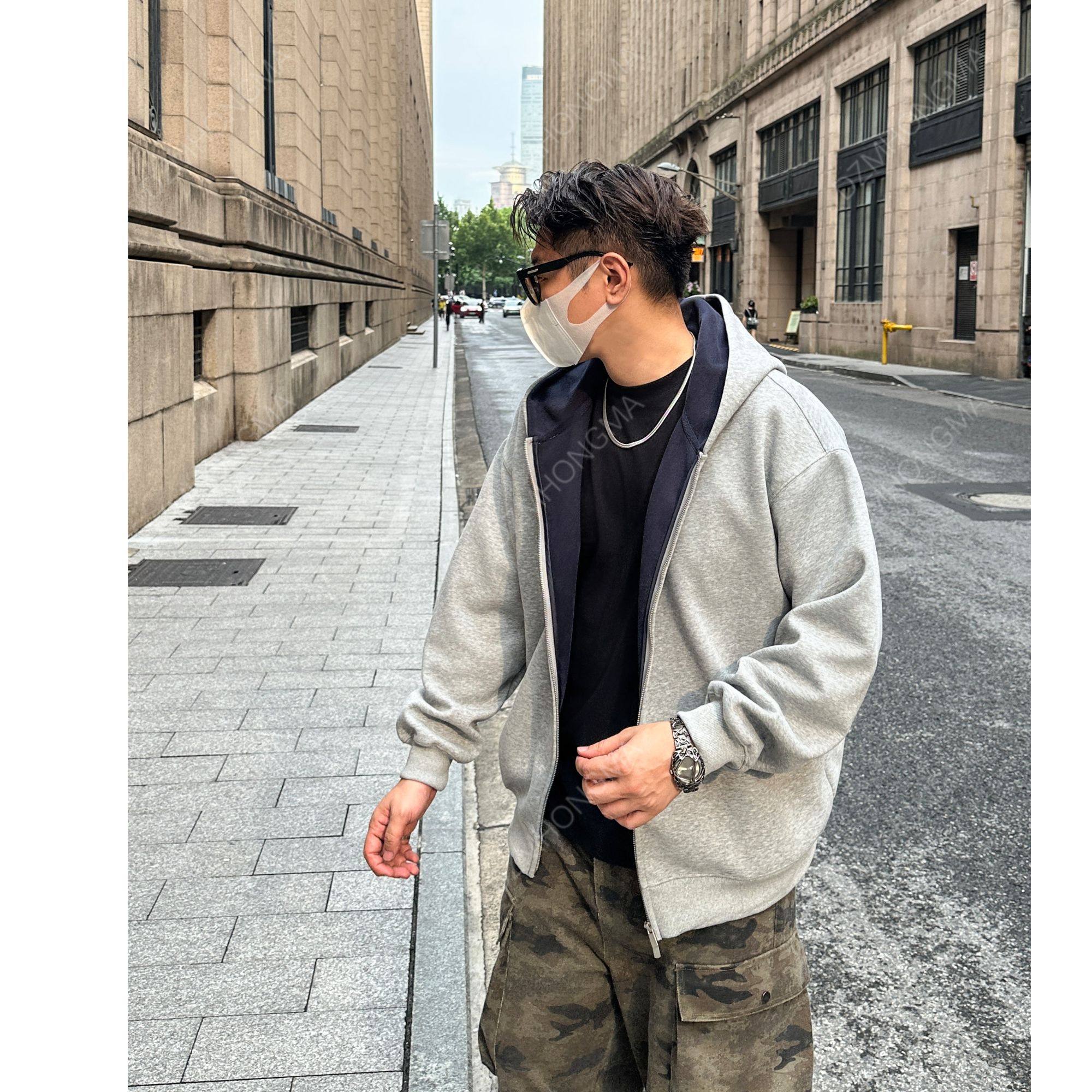 DAZHONGMA 460克拼色开衫卫衣男女连帽情侣撞色卫衣外套男