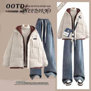 初中学生连帽短裤棉服少女外套套装秋冬新款高中少女生加绒阔腿裤