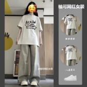 运动套装 两件套装 少女孩大童灰色纯棉短袖 牛仔裤 T恤 初中女生夏季