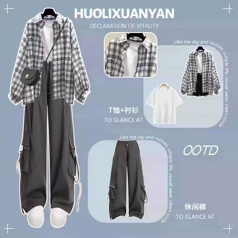 春秋夏季套装女学生防晒衫格子长袖衬衫+短袖T恤+工装裤三件套装