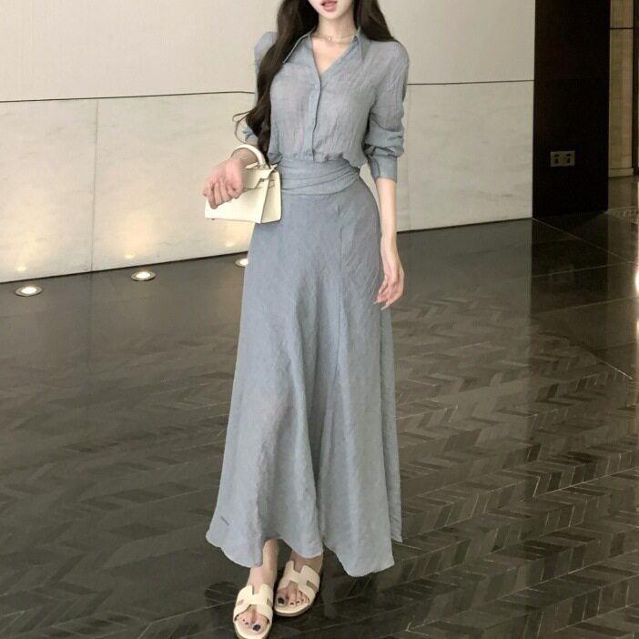 气质长袖衬衫女装2026年夏季秋季休闲套装高腰a字裙半身裙两件套