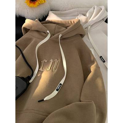 紫色刺绣连帽卫衣男款秋冬季加绒加厚美式衣服青少年宽松帽衫外套