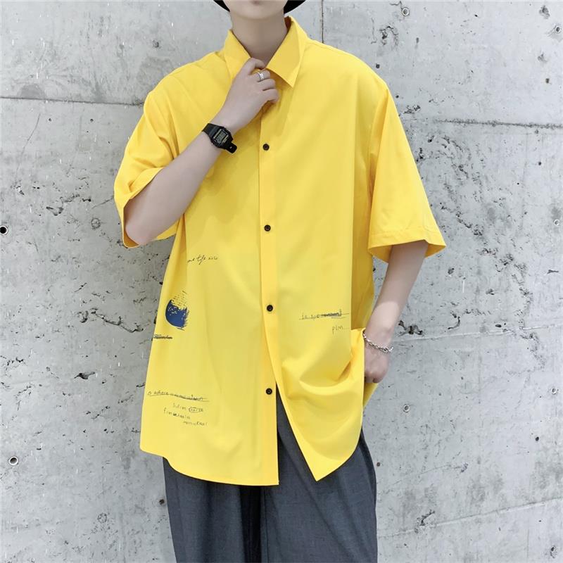 夏季冰丝短袖衬衫男设计感小众衬衣潮牌ins痞帅宽松大码印花外套