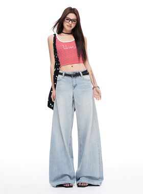 浅蓝色直筒牛仔裤女2026春夏新款裂纹猫须宽松显瘦垂感阔腿裤子女