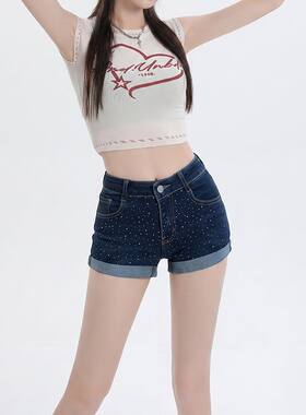 美式复古满天星烫钻牛仔短裤女2026夏季新款百搭显瘦翻边卷边热裤