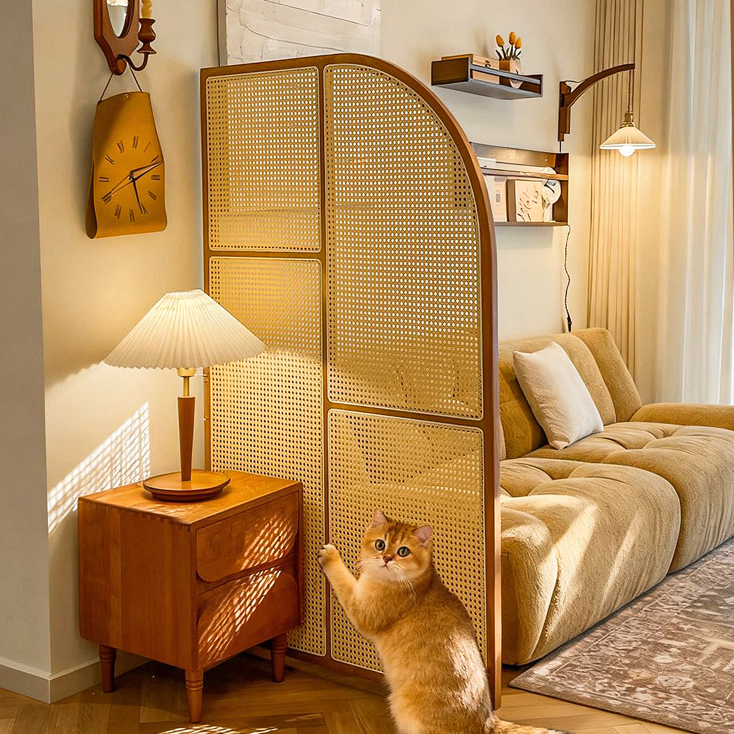 藤编屏风隔断客厅玄关卧室遮挡家用可移动实木日式简约现代置物架