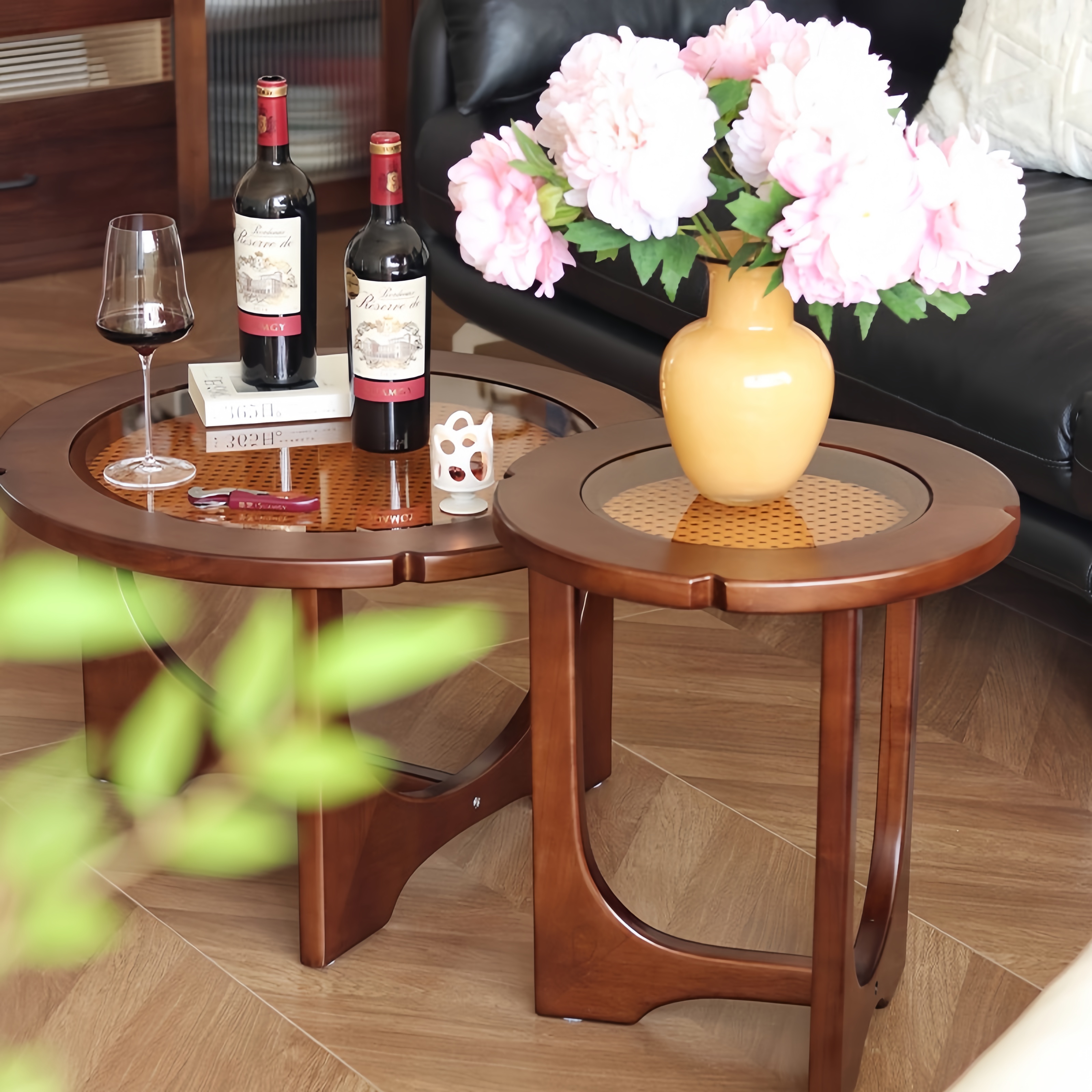 中复古玻璃藤编茶几小户型移动创意沙发侘寂风睡莲花朵实木圆桌台