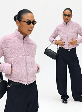 oneup美式长绒加厚短款毛毛摇粒绒外套女秋冬小个子粉色毛绒上衣