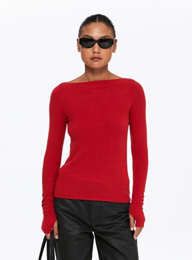 oneup磨毛一字肩长袖t恤女秋冬季内搭红色打底衫健身瑜伽服上衣