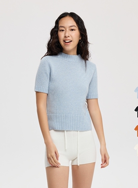 oneup浅蓝色短袖羊毛针织衫女春季上衣小个子薄款半袖半高领毛衣