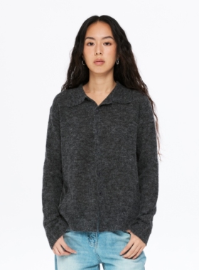 oneup宽松慵懒风羊驼毛针织开衫女秋冬小个子翻领羊毛毛衣外套