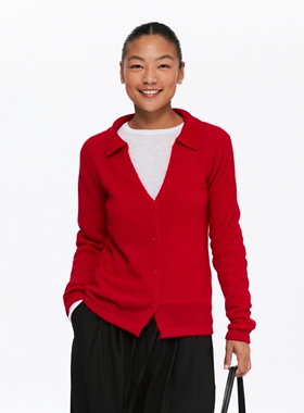 oneup修身翻领V领红色羊驼毛长袖针织衫女秋季慵懒薄款开衫外套