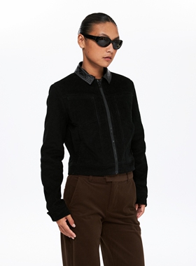 oneup油蜡感双面穿灯芯绒外套女秋冬美式复古翻领短款黑色夹克