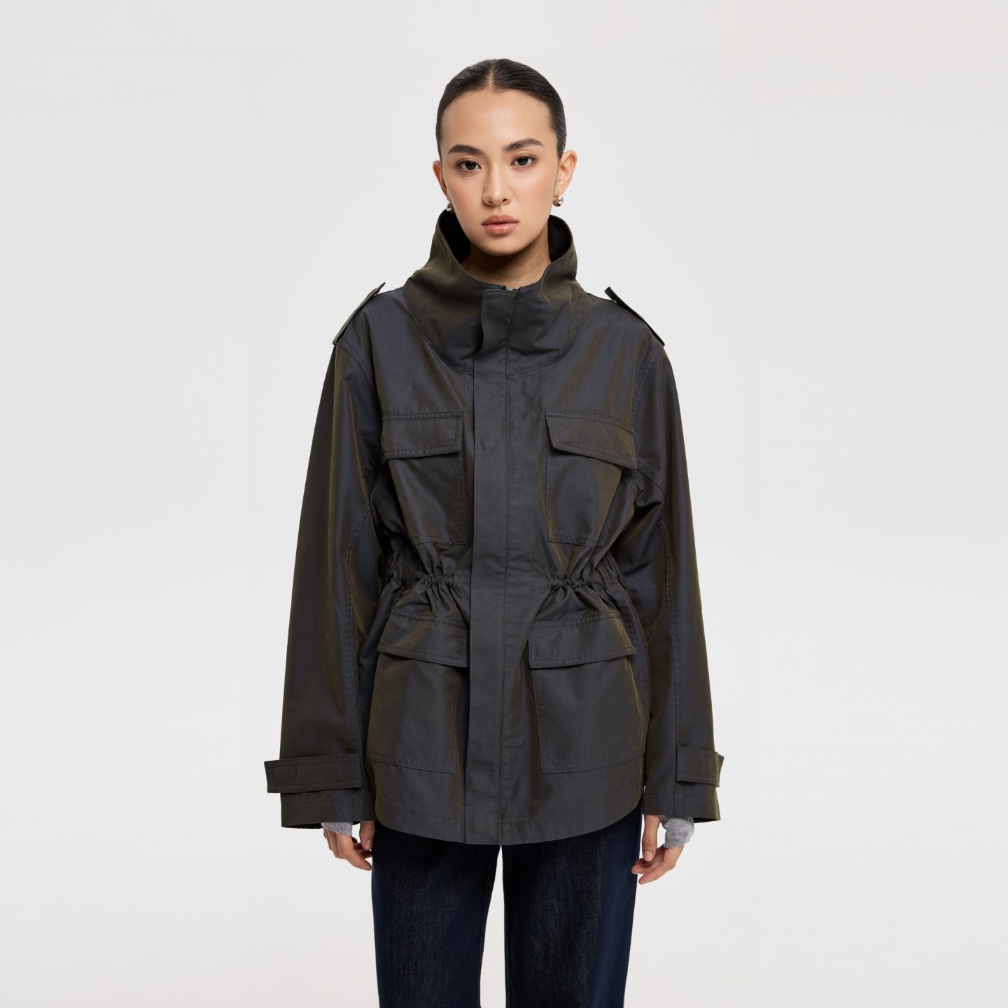 oneup双色纱拉链中长款通勤外套女秋冬季小个子修身收腰立领夹克,女装/女士精品,短外套,淘宝优惠券,粉丝福利购,淘宝优惠卷