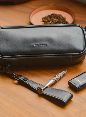 专业烟斗收纳品牌　一皮one leather 羊皮烟斗包真皮便携双斗黑色