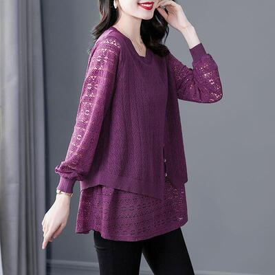 200斤妈妈假两件针织上衣春装2025新款时尚洋气毛衣大码气质小衫