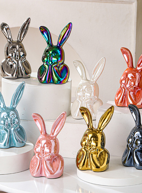样板间儿童房电镀陶瓷兔子摆件卡通可爱家居客厅电视柜酒柜装饰品