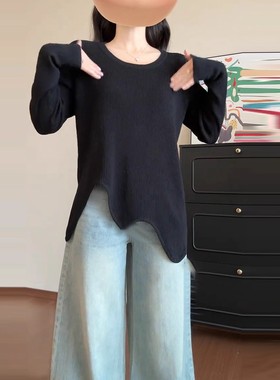 大码慵懒风黑色长袖T恤女秋季微胖mm显瘦宽松不规则下摆显瘦上衣