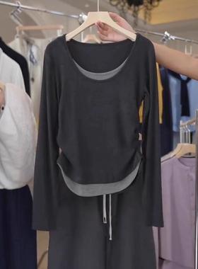假两件纯棉长袖T恤女装秋季大码胖mm显瘦收腰洋气欧货潮时髦上衣