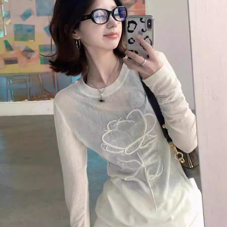 开 春韩系穿搭白色防晒罩衫女夏季长袖微透薄款修身针织衫T恤上衣