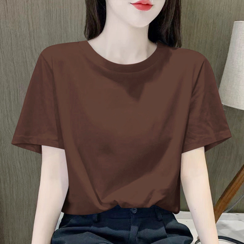纯色圆领T恤女宽松2025年夏季新款常规正肩纯棉咖啡色短袖上衣潮