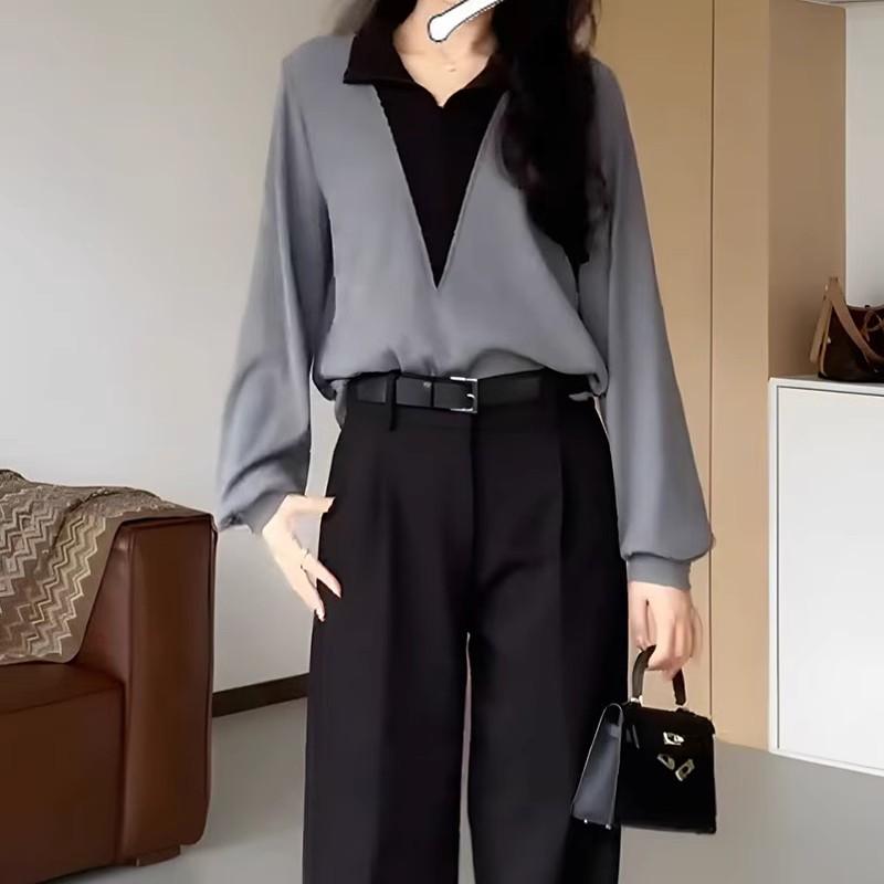 假两件翻领长袖T恤大尺码女装秋季新款胖mm欧货宽松遮肉打底衫上