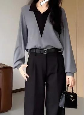 假两件翻领长袖T恤大尺码女装秋季新款胖mm欧货宽松遮肉打底衫上