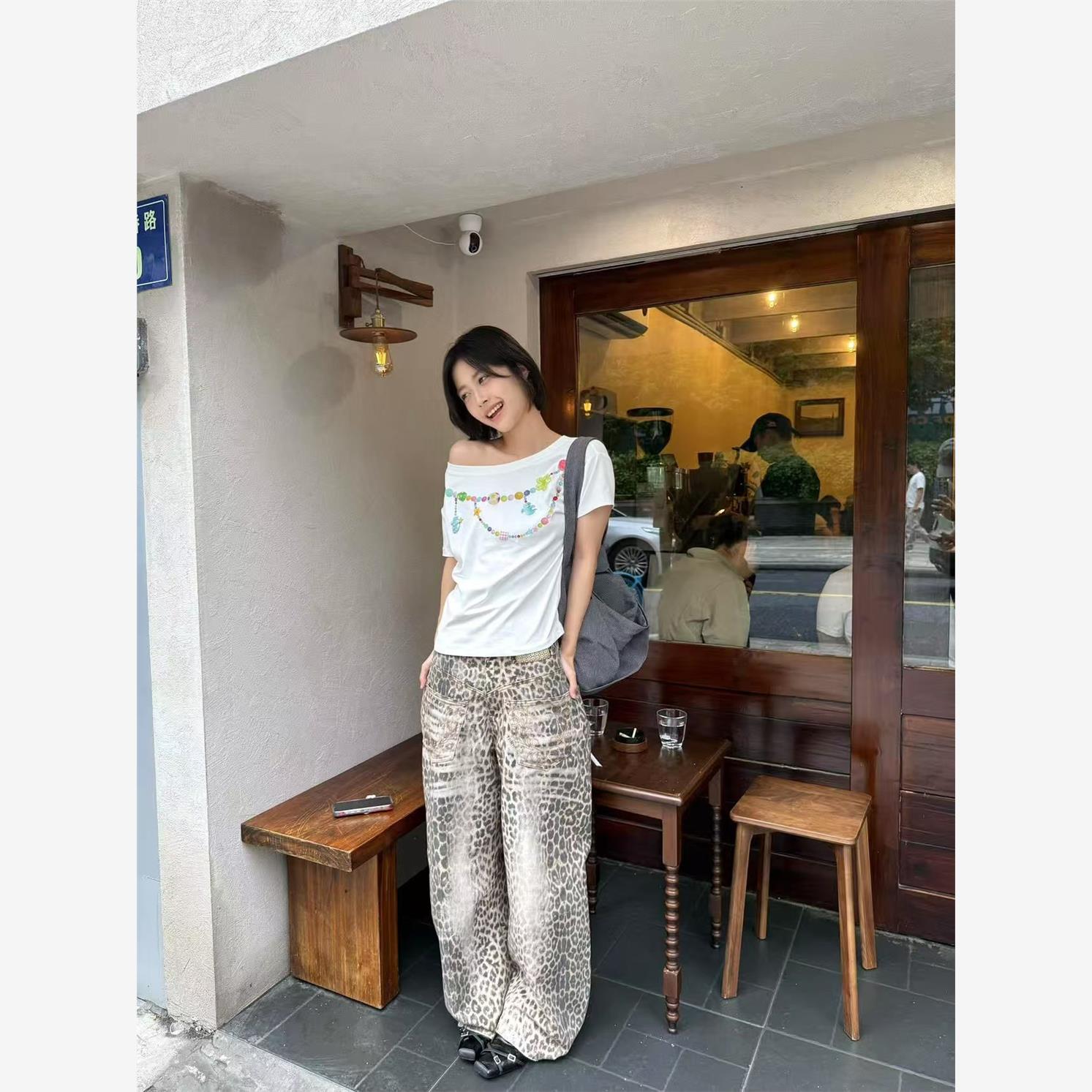 美式复古斜肩短袖女夏季