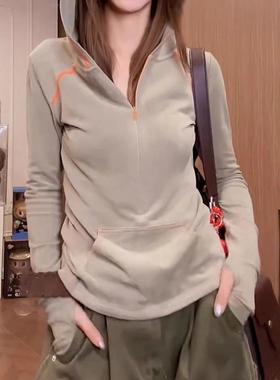 小众设计撞色线连帽长袖卫衣秋季大码胖MM显瘦休闲百搭打底衫上衣