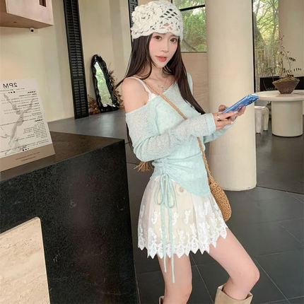 度假风蕾丝吊带背心露肩抽绳薄款长袖防晒罩衫女2025夏季新款套装