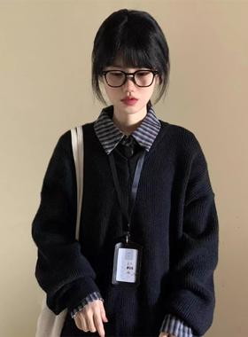 黑色宽松毛衣女2024秋冬季新款慵懒感百搭韩系V领针织衫百搭上衣