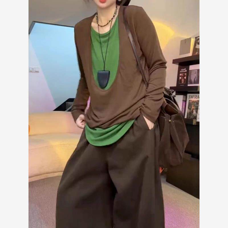 纯棉假两件撞色长袖T恤女秋季新款大码胖MM高级感宽松显瘦上衣潮