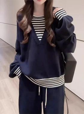 慵懒风假两件拼接条纹撞色针织衫女25早秋季新款韩系气质宽松毛衣