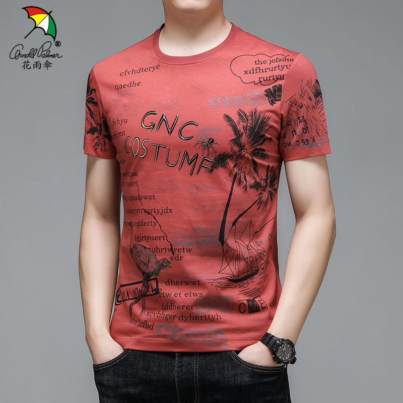 花雨伞新款男士短袖t恤韩版圆领t恤修身半袖印花休闲体恤打底男装