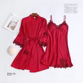 20新款 睡衣女带胸垫仿真丝V领性感吊带睡袍水溶花边睡袍两件套