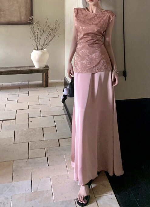 AOWU微醺樱花粉色提花收腰无袖衬衫女高腰缎面鱼尾半身裙两件套夏
