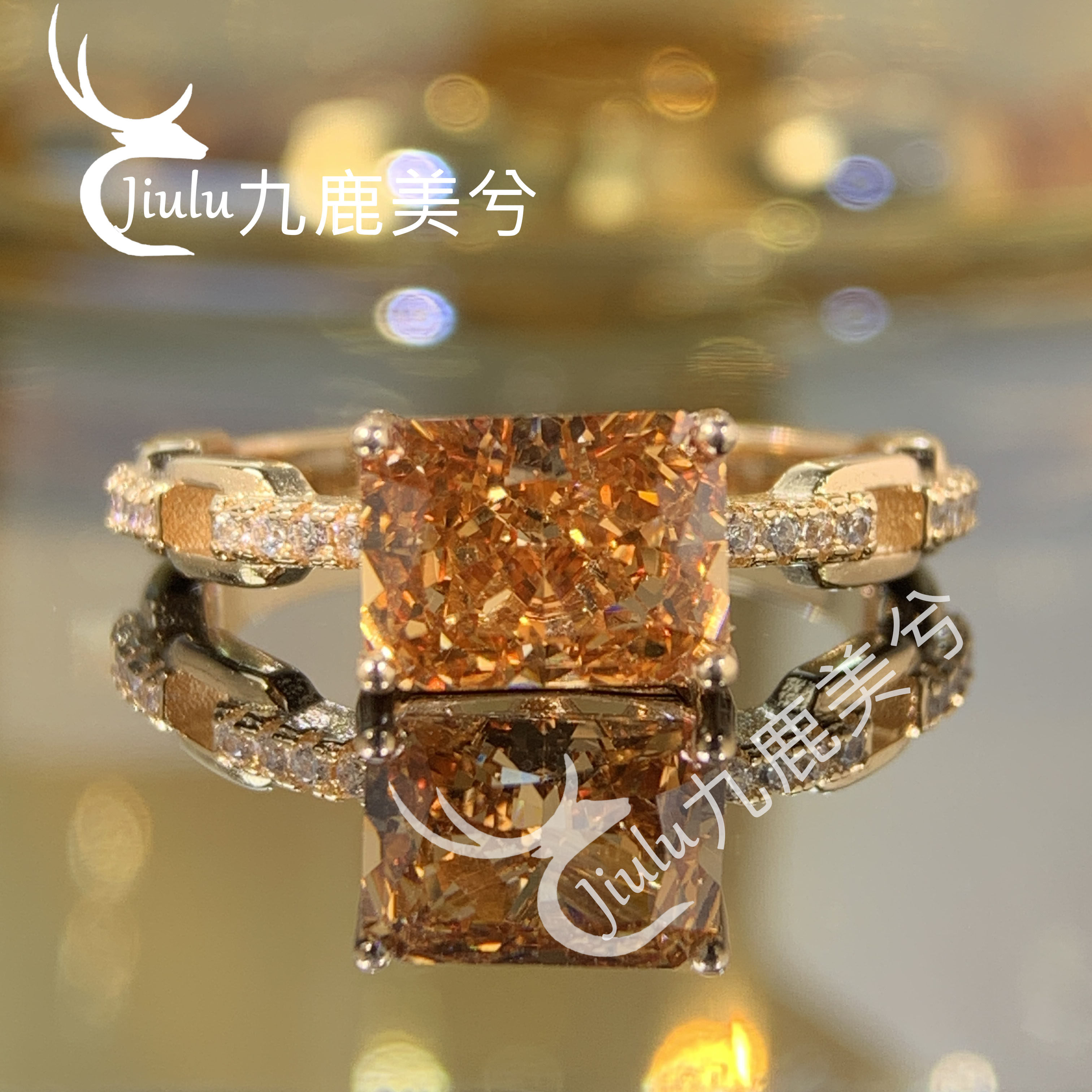 培育高碳钻2克拉美拉德香槟色 精工厚镀18K玫瑰金戒指6*8长方钻戒