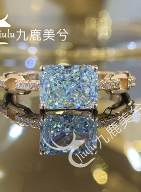 不掉色 厚镀18K金戒指浅海蓝2克拉雷迪恩冰花切培育高碳钻6*8长方