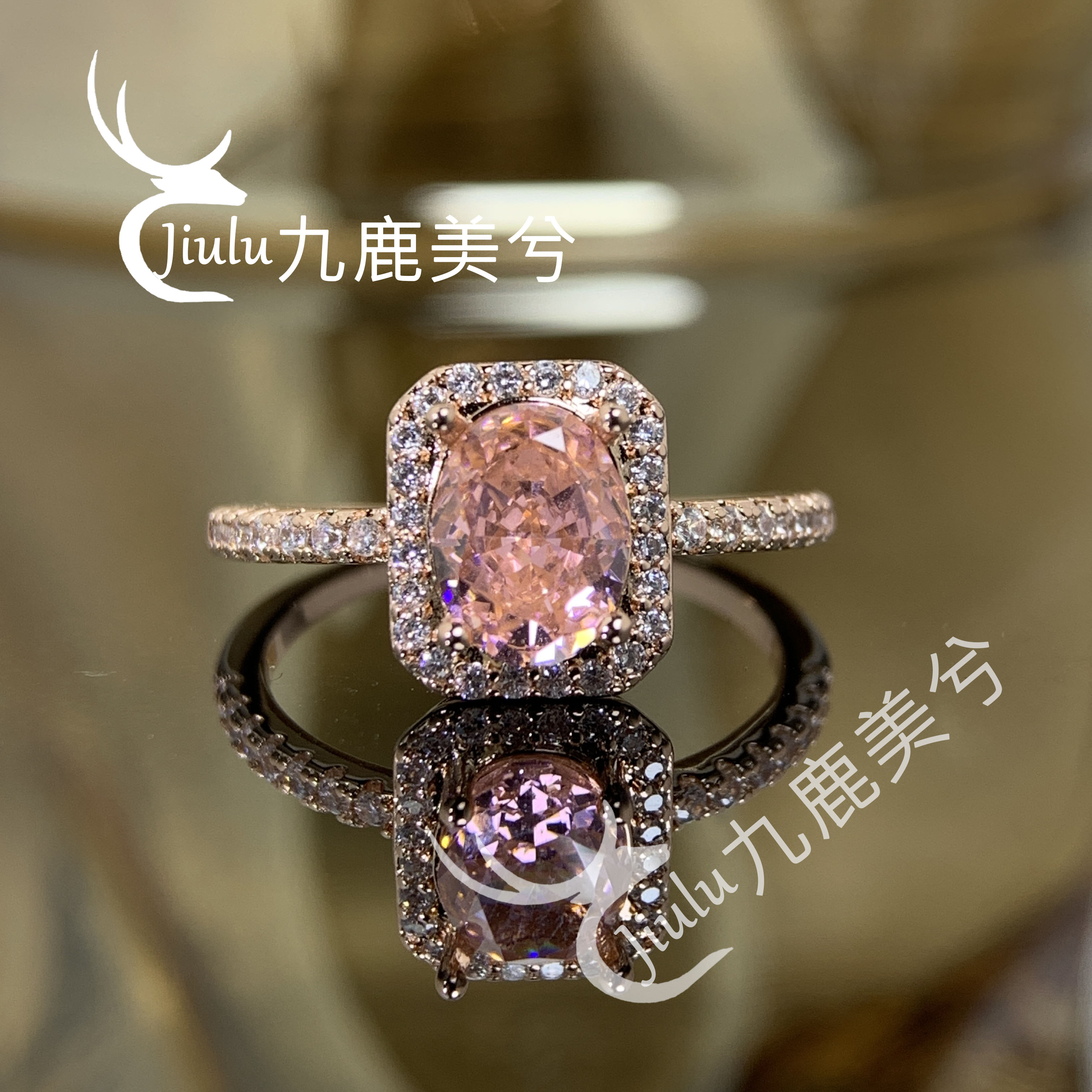 高级感玫瑰金闭口戒指2克拉日落色冰花切钻18K金镶6*8培育高碳钻