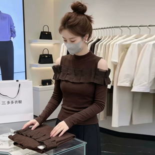 韩版荷叶边一字漏肩长袖T恤女秋季新款修身显瘦时尚气质休闲上衣