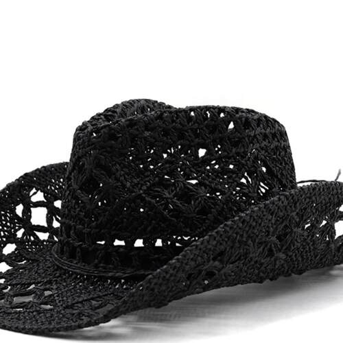Western Cowboy Sun Straw Hat 女士西部牛仔镂空礼帽夏沙滩草帽