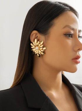 Vintage Metal Gold Color Flower Big Earrings for Women Punk