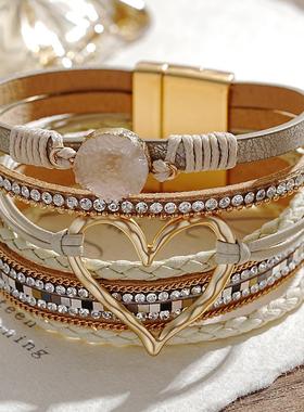 Leather bracelet 希音爆款PU心形装饰皮手链波西米亚风编织手链