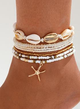 Women's shell anklets跨境时尚沙滩度假风米珠贝壳海星多层脚链