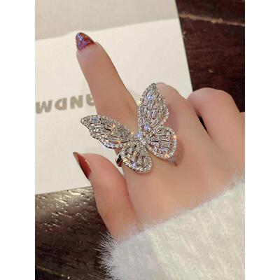 Women's Big Butterfly with Leaf Opening Ring欧美女大蝴蝶