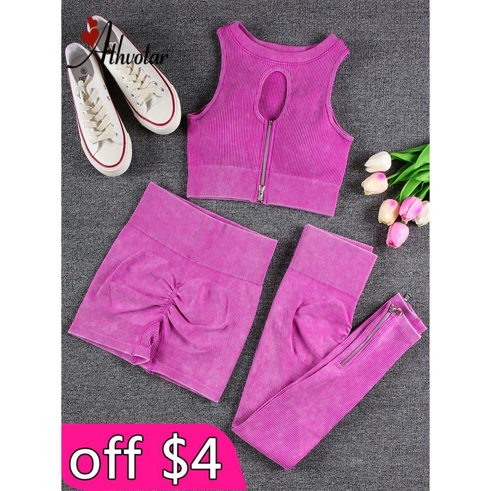 1/2/3/4 Pcs Zipper Ribbed Set Women Sports Set Gym Clothes