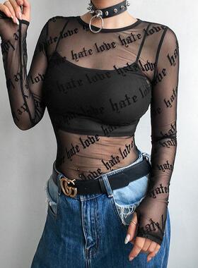 Sexy Women Mesh T-Shirts See-Through Perspective Tshirt Lett
