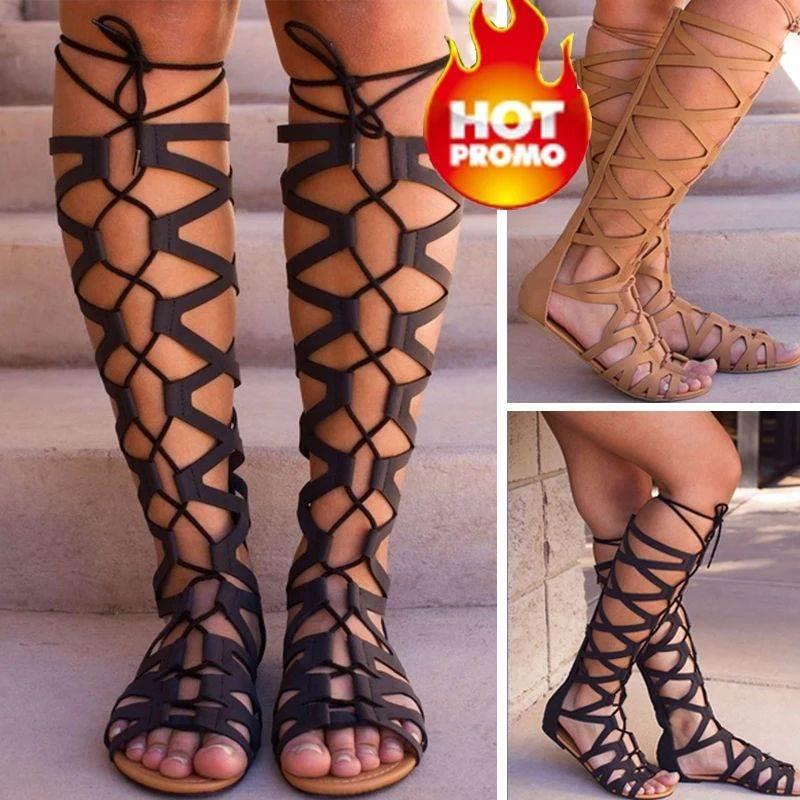 Roman Women Gladiator Sandals Women Knee High Flat Sandalias