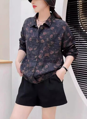 2026秋季新款外套女短款印花衬衫开衫休闲上衣复古文艺外套韩版