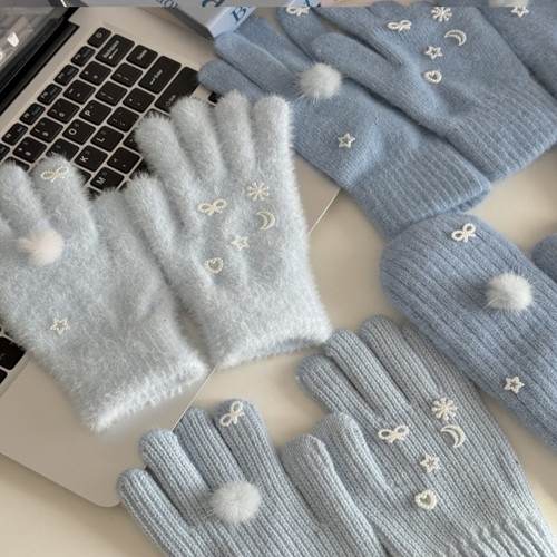 可爱毛绒五指手套冬天女加绒加厚保暖仿貂毛触屏学生骑车针织手套